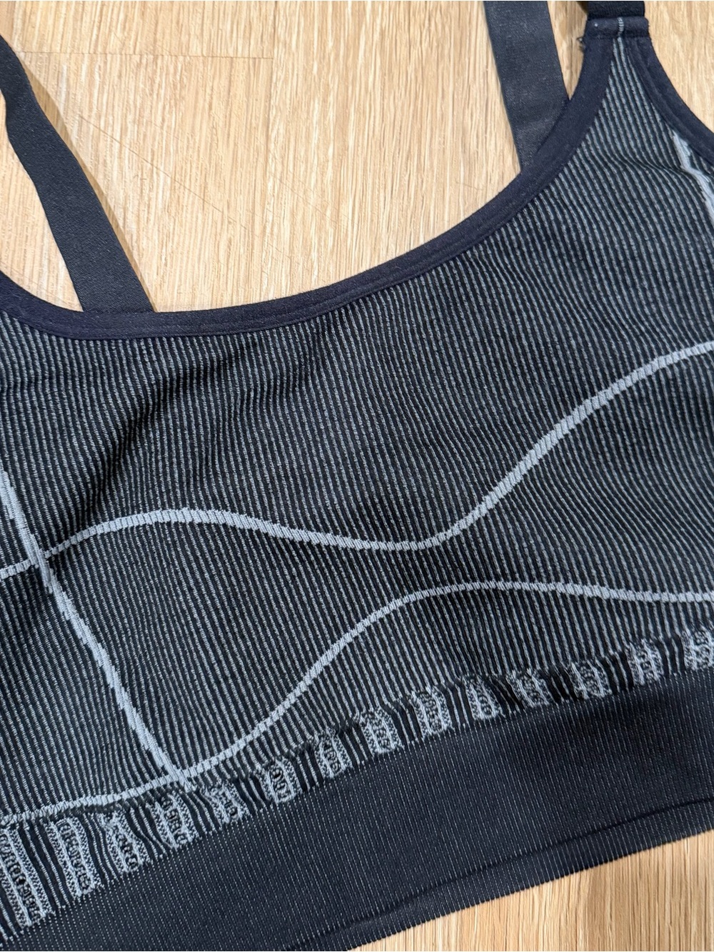 Fabletics Black with Light Gray Wave-Stripe Seamless Sports Bra